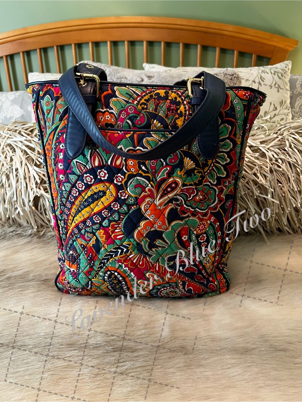 VERA BRADLEY Venetian Paisley 2013 Tall Buckle Tote Navy Yellow Y2K Quilted